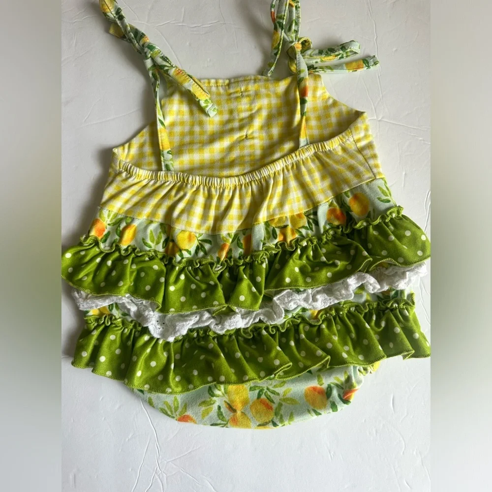 Lemon Gingham Ruffle Baby Romper - Yellow & Green